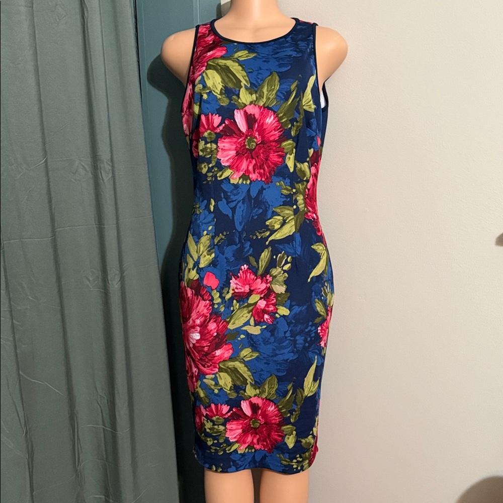 Enfocus Studio Blue and Pink Floral Midi Dress